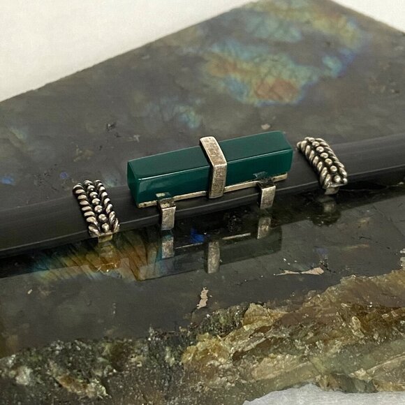 Sterling Silver 925 Rectangular Green Acrylic Black Banded Bracelet 7.5" - Picture 4 of 16